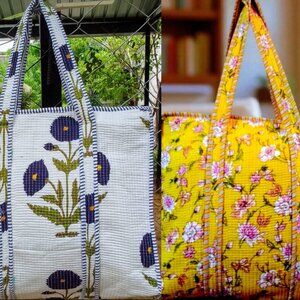 Reusable Quilted Cotton Tote Bag – Set of 2 (Blue and Yellow)